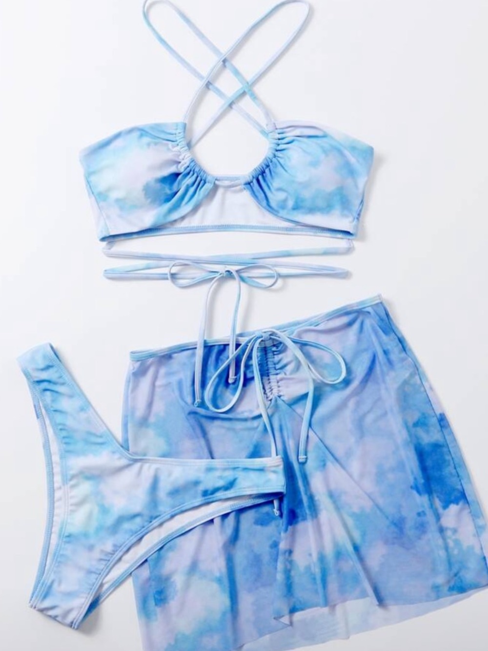 Tie-Dye Blue 3-Piece Bikini Set with Mesh Cover-Up